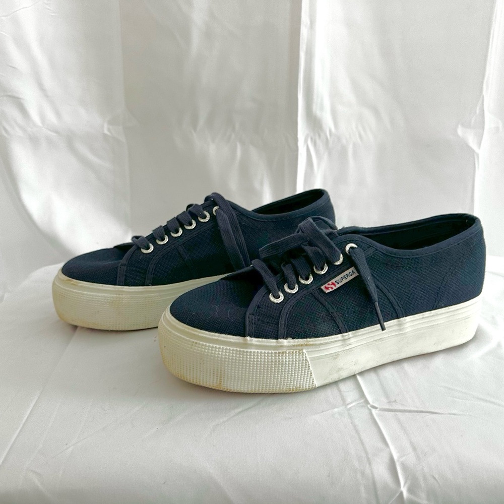 Superga Women's Navy and White Platform Sneakers - Picture 3 of 7